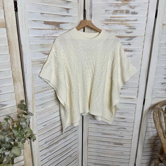 J. CREW Women's One Size Mock Neck Fisherman Cable Knit Poncho Sweater Cream - Picture 8 of 16